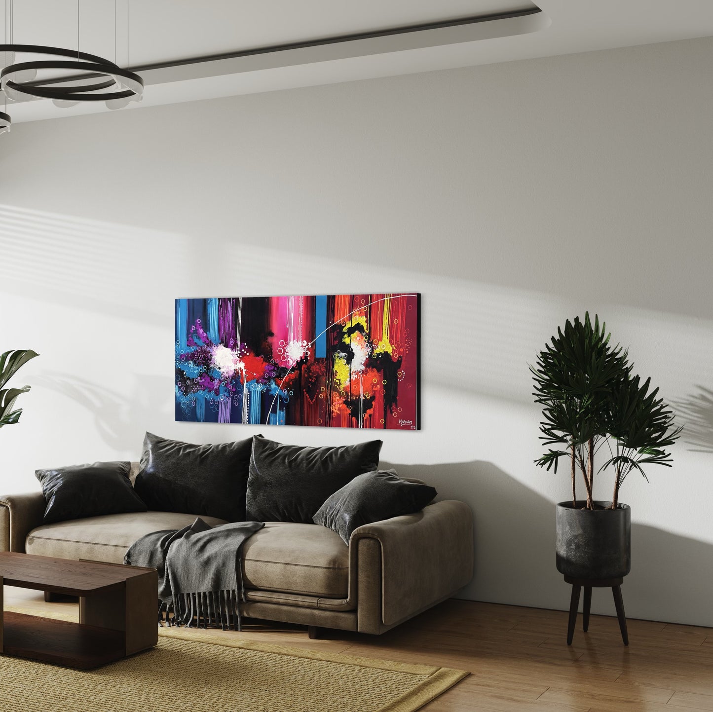 Pintura Abstracta en Colores Cálidos y Fríos (67x146cm)
