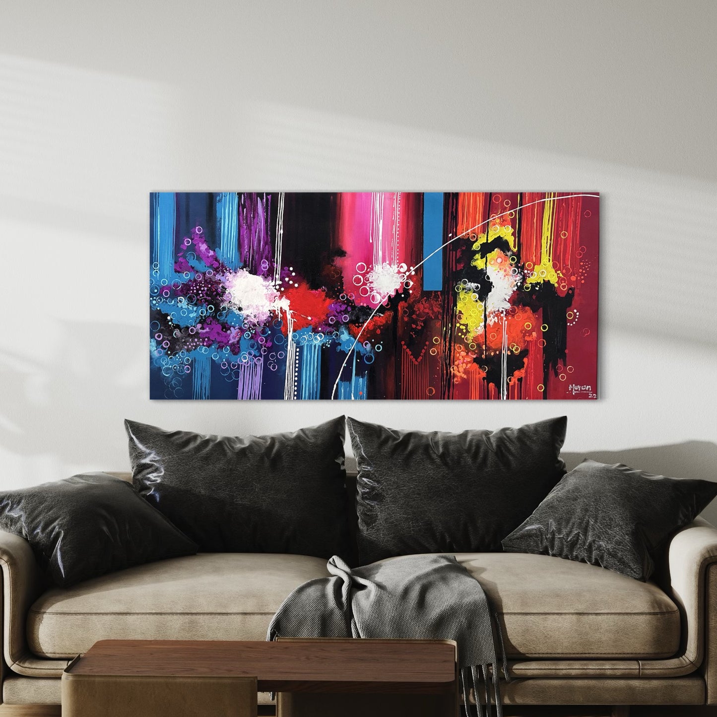 Pintura Abstracta en Colores Cálidos y Fríos (67x146cm)