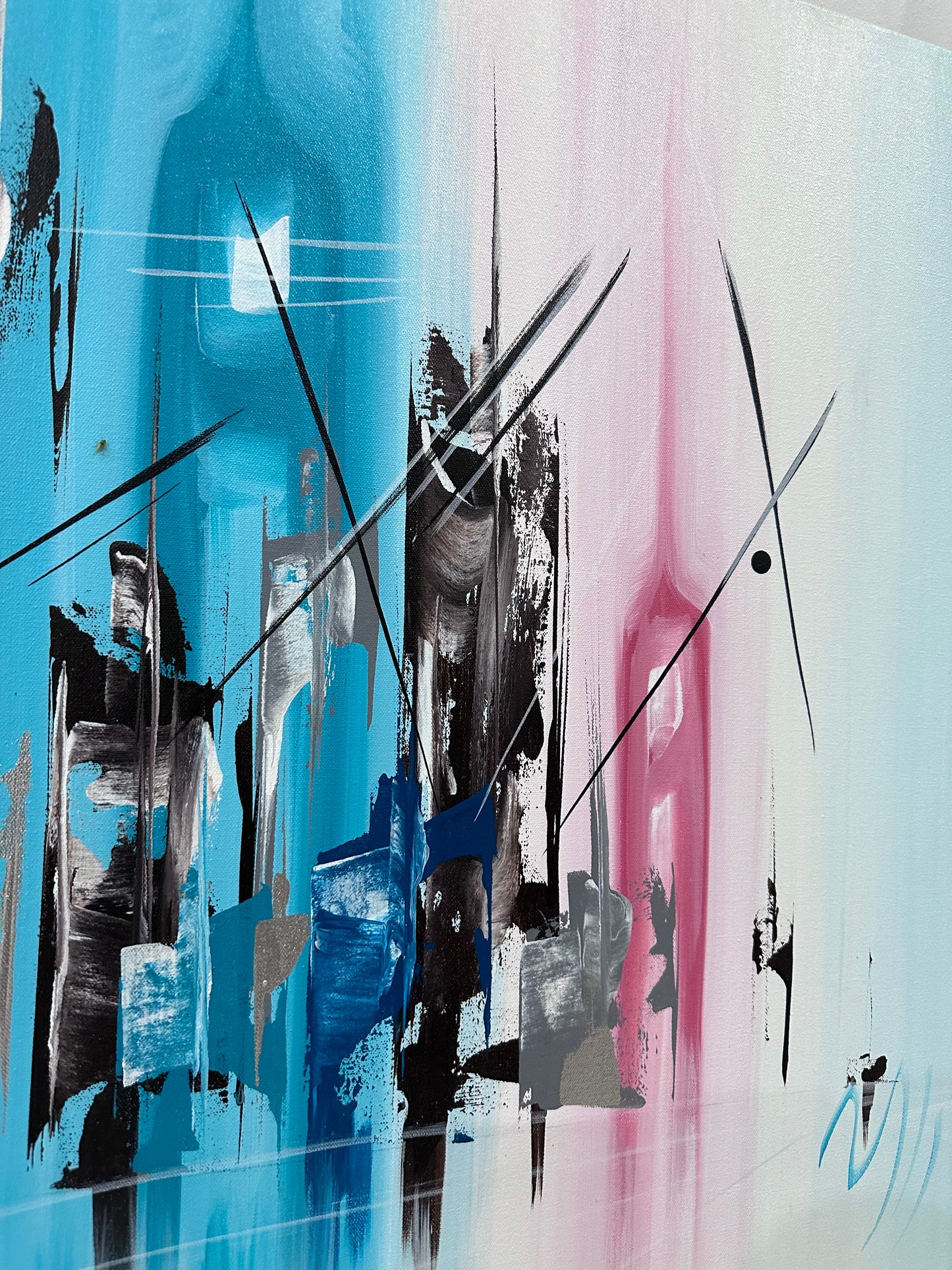 Pintura de ciudad abstracta en tonos azules (68x150cm)