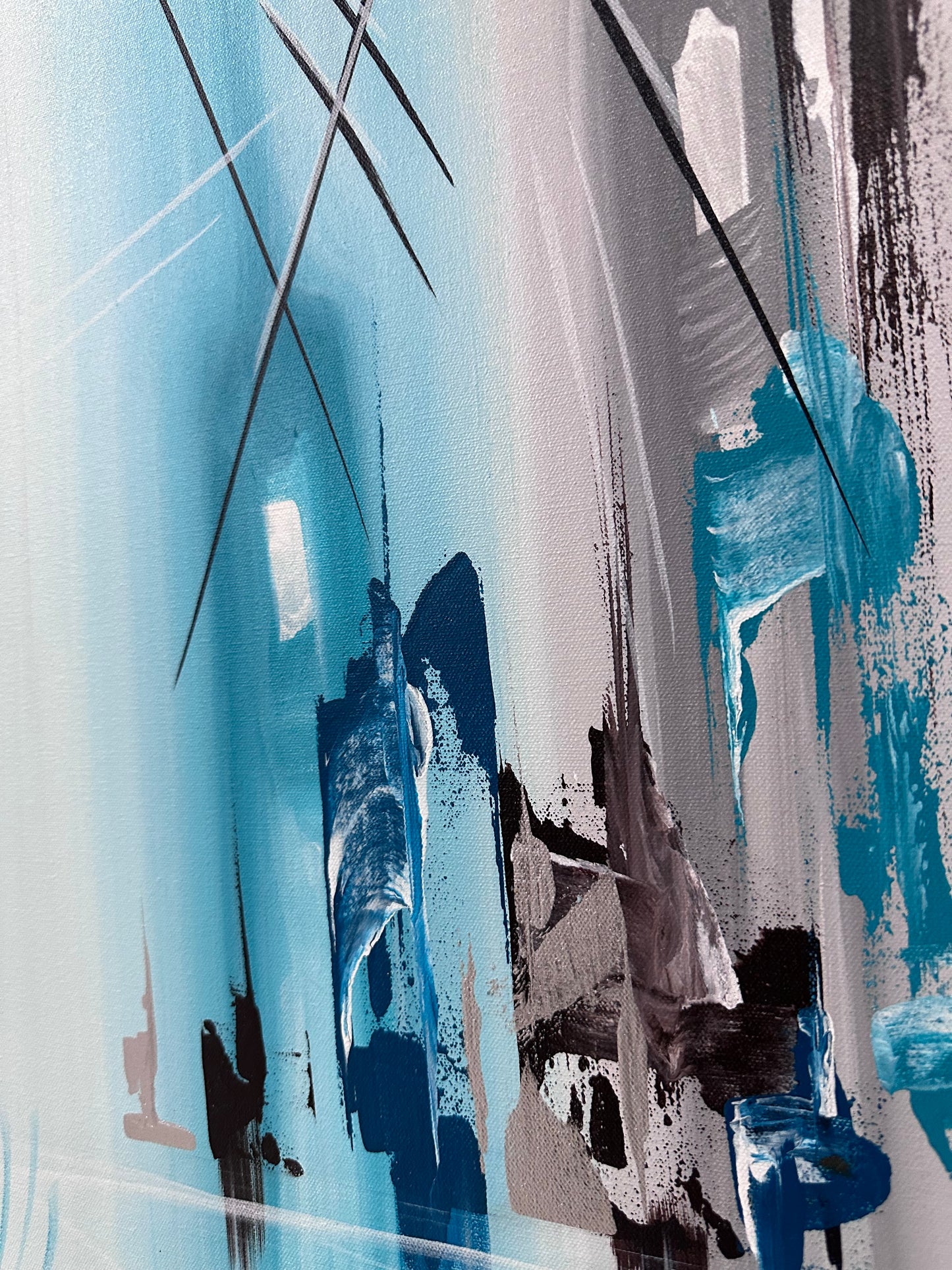 Pintura de ciudad abstracta en tonos azules (68x150cm)
