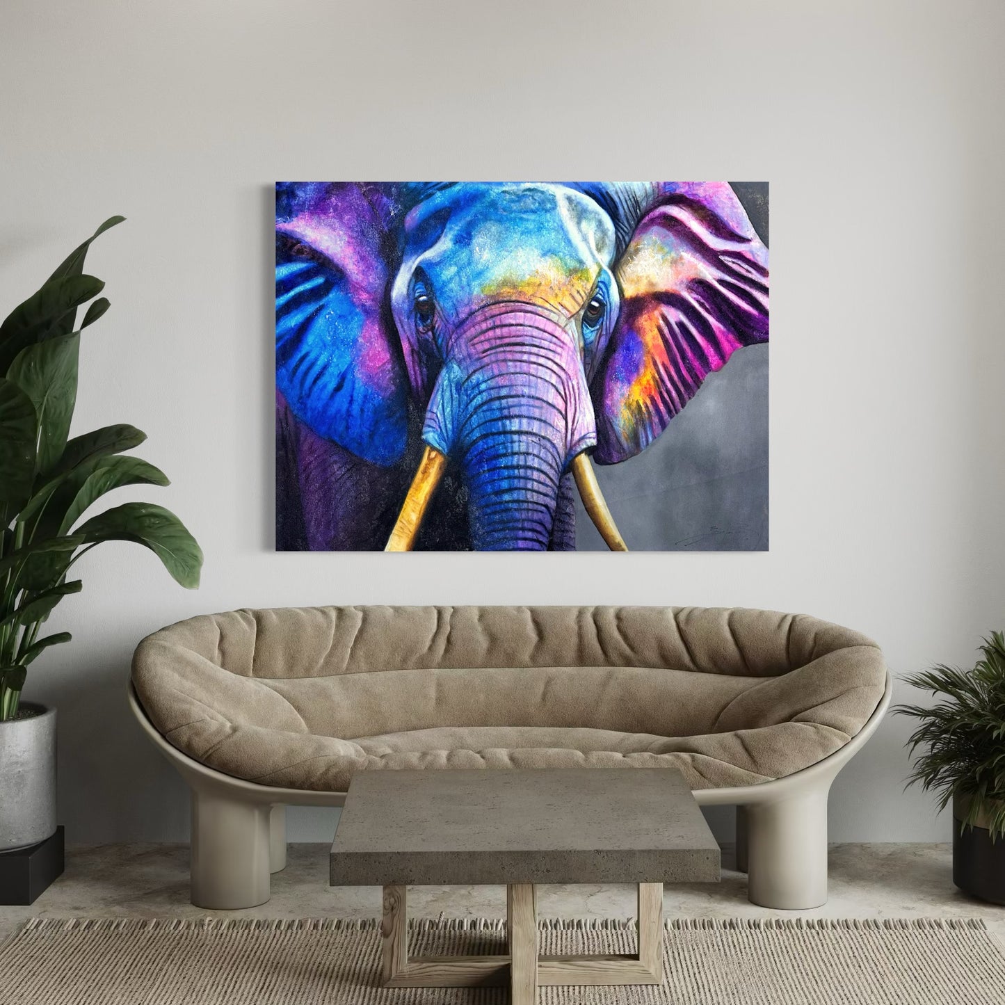 Obra elefante en tonos fríos.