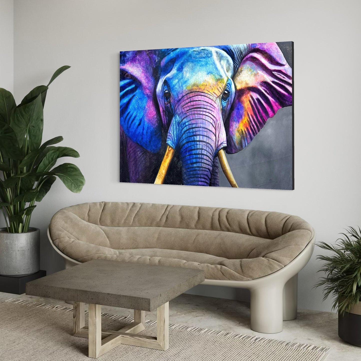 Obra elefante en tonos fríos.