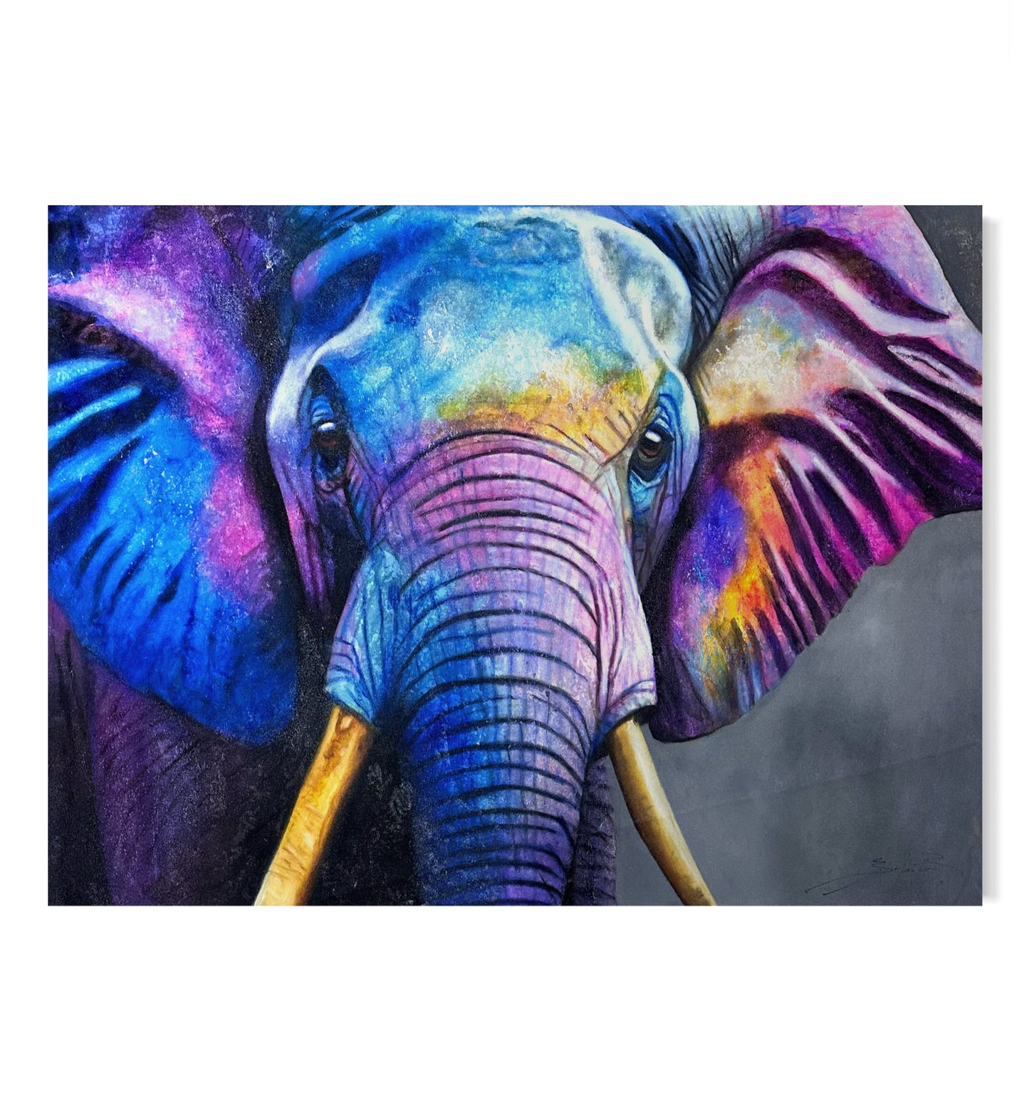 Obra elefante en tonos fríos.