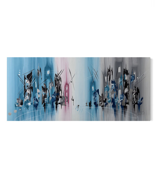 Pintura de ciudad abstracta en tonos azules (68x150cm)
