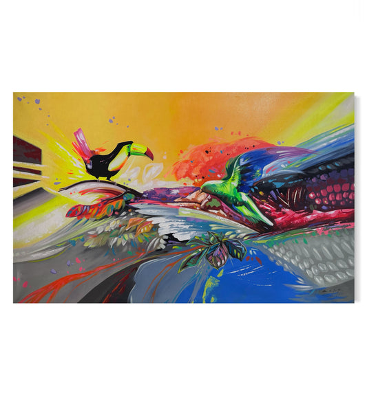 Obra tropical con aves y colores cálidos (93x150cm)