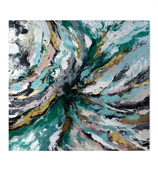 Pintura abstracta en tonos verdes y grises (110x120cm)
