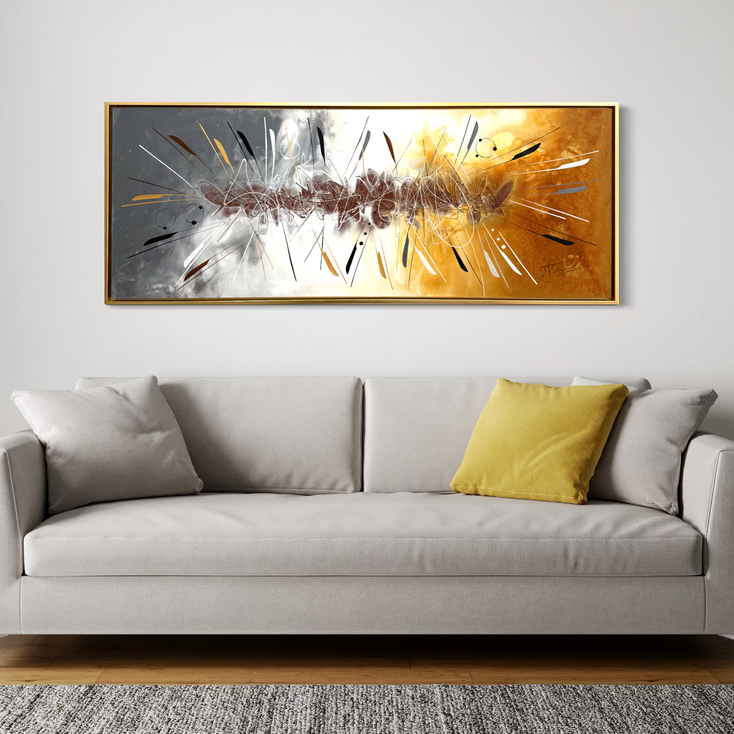 Pintura abstracta en fondo gris y amarillo (70x150cm)