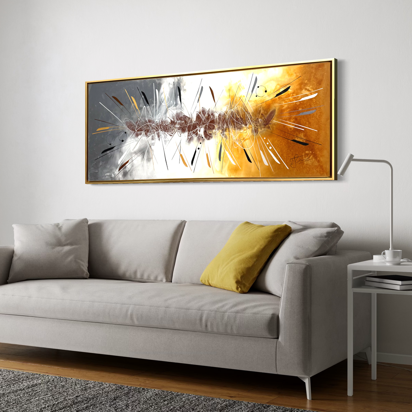 Pintura abstracta en fondo gris y amarillo (70x150cm)