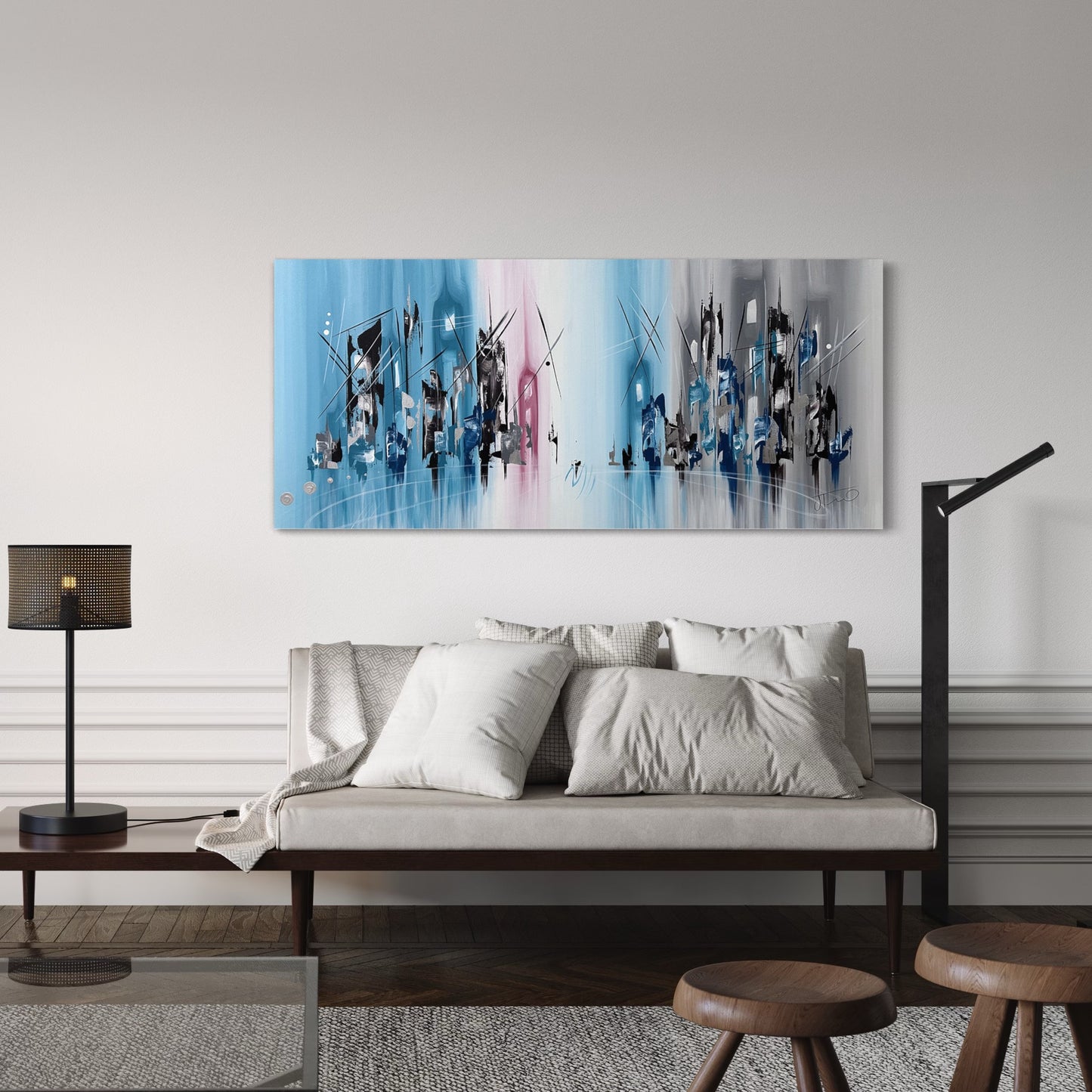 Pintura de ciudad abstracta en tonos azules (68x150cm)