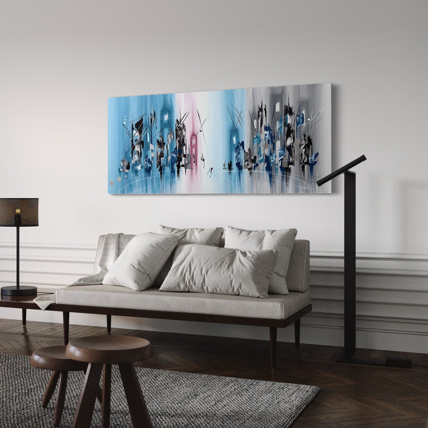 Pintura de ciudad abstracta en tonos azules (68x150cm)