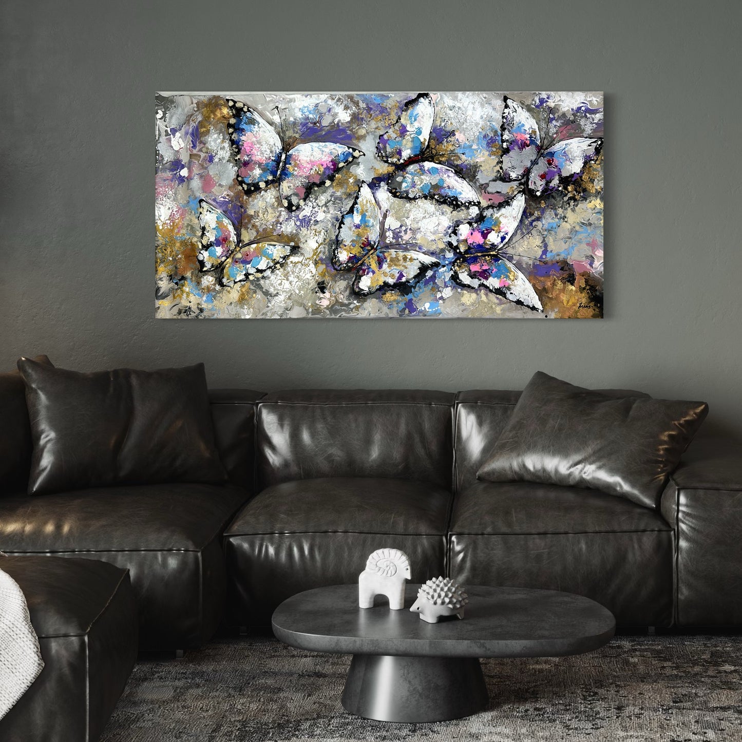 Pintura de mariposas abstractas en tonos fríos