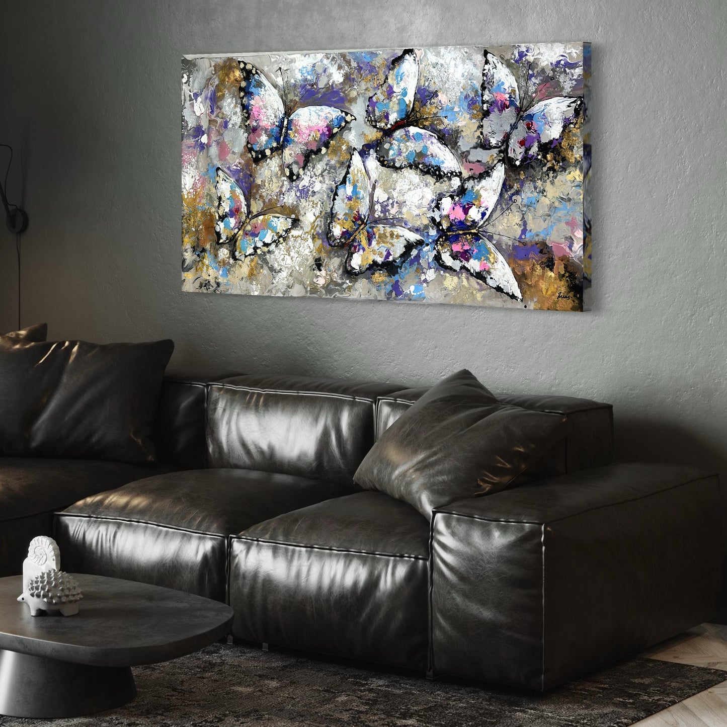 Pintura de mariposas abstractas en tonos fríos