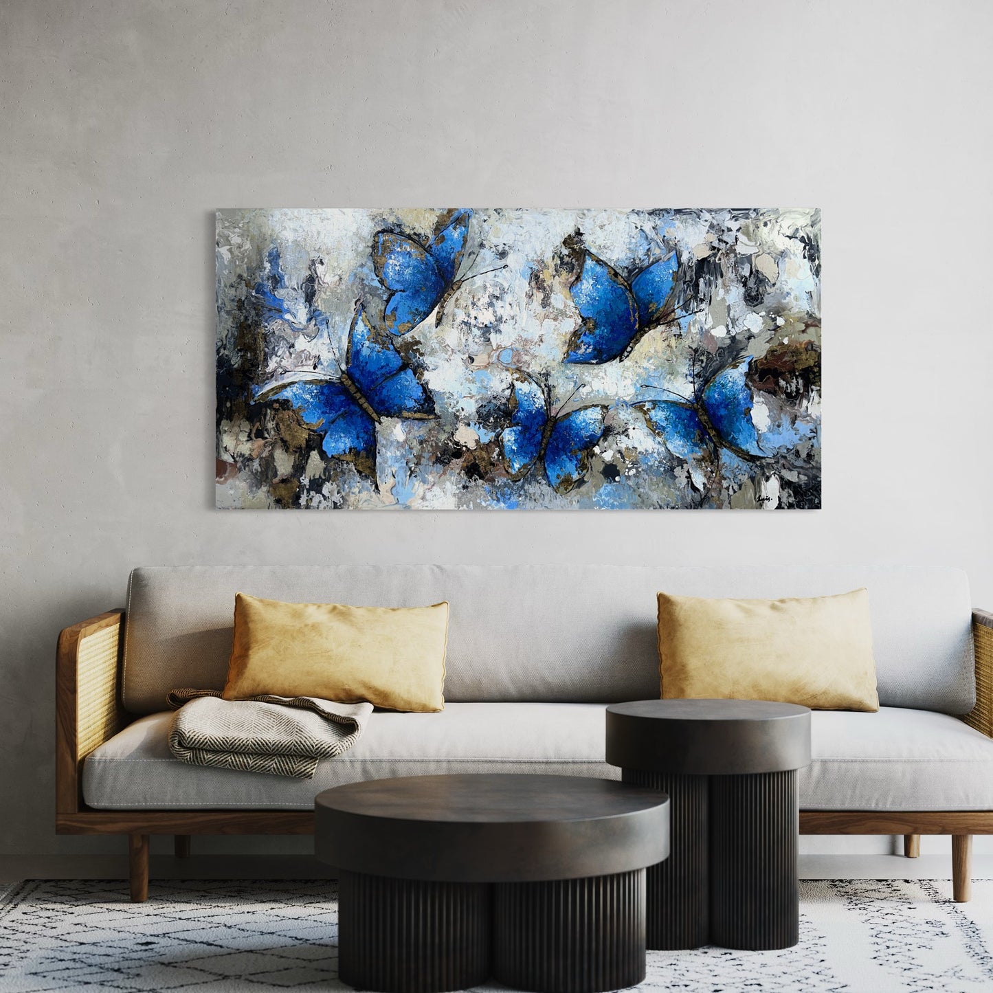 Pintura de Mariposas azules con texturas   (88x177cm)