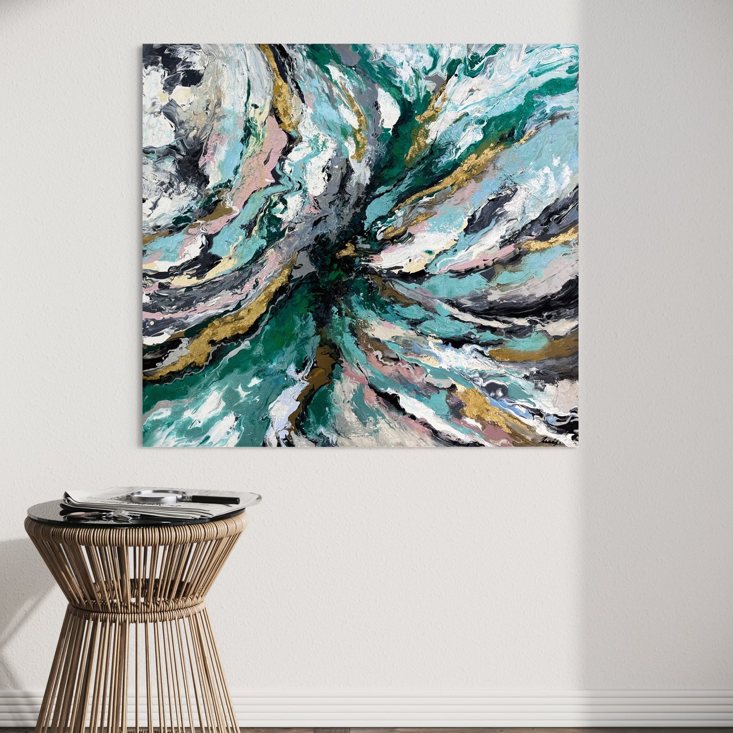 Pintura abstracta en tonos verdes y grises (110x120cm)
