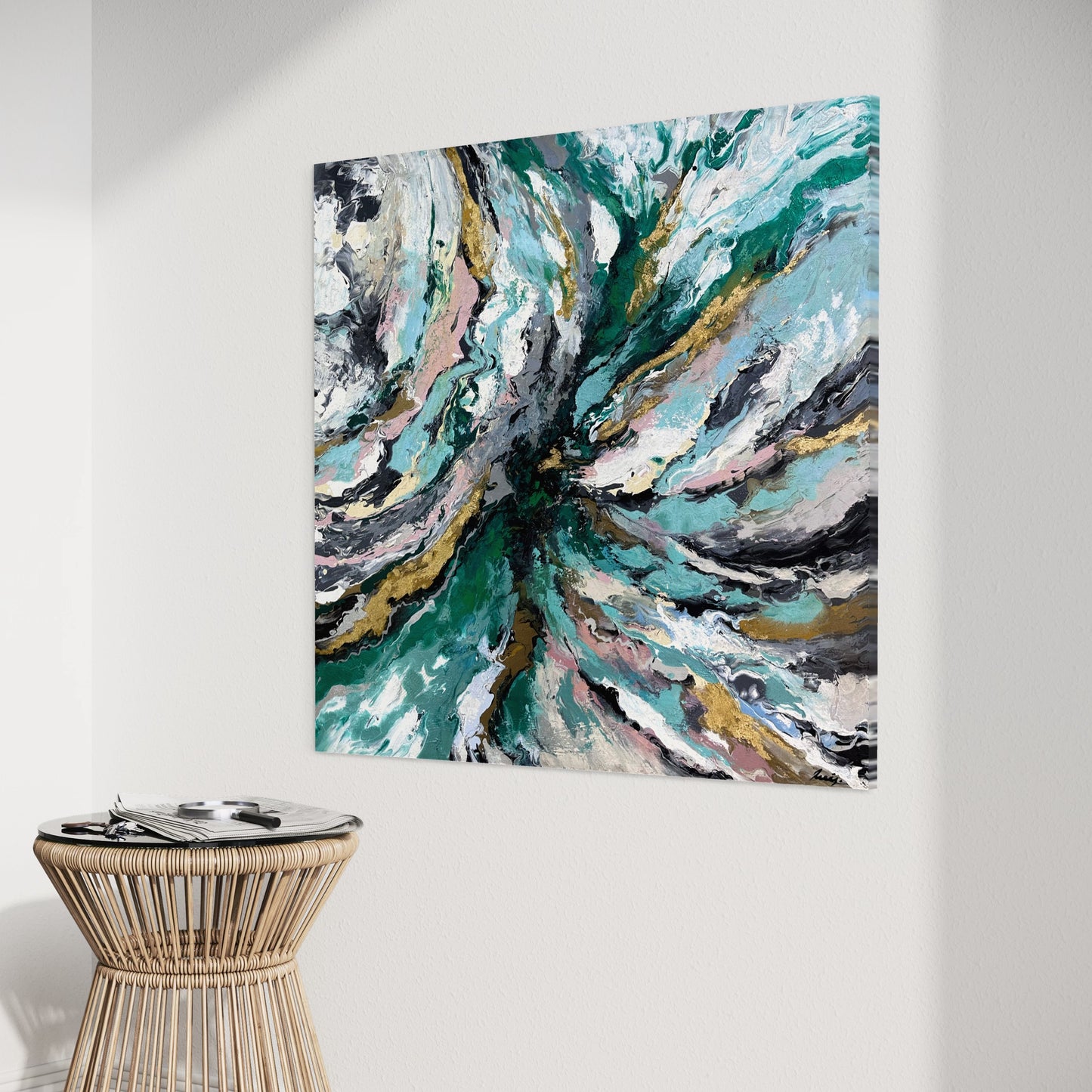 Pintura abstracta en tonos verdes y grises (110x120cm)