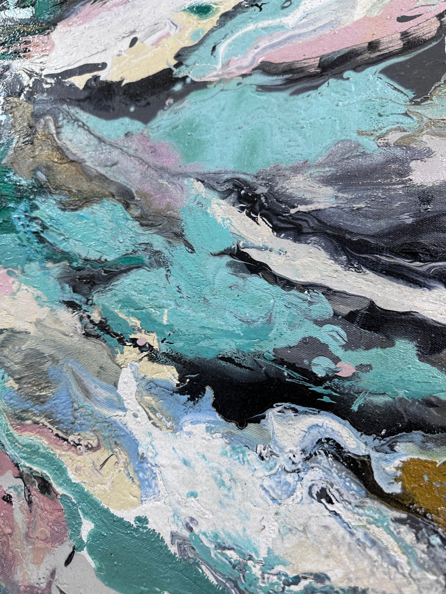 Pintura abstracta en tonos verdes y grises (110x120cm)