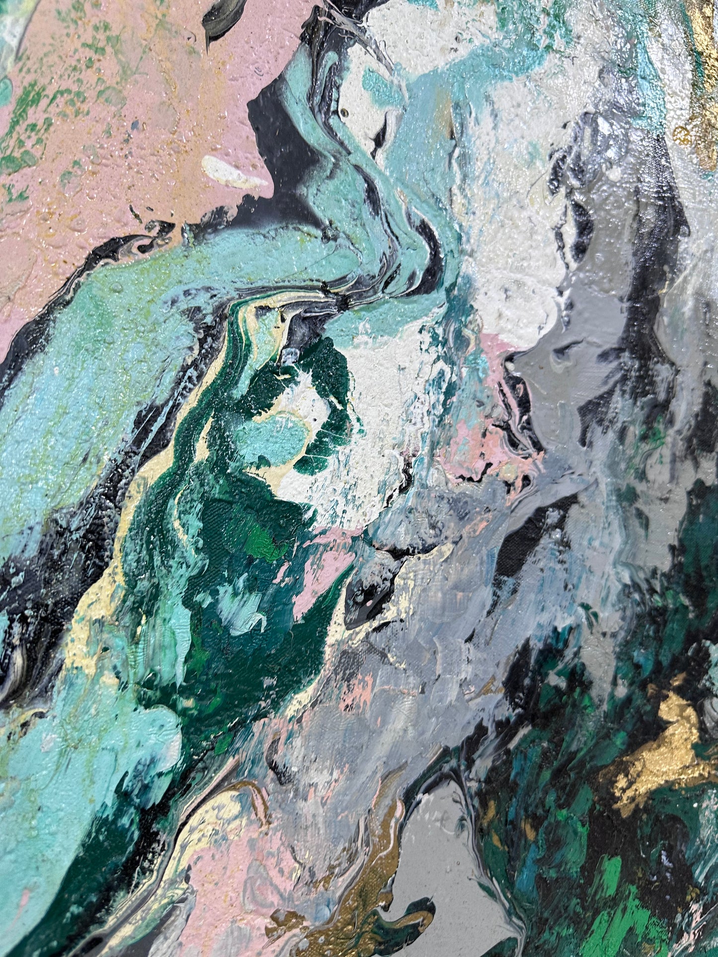 Pintura abstracta en tonos verdes y grises (110x120cm)